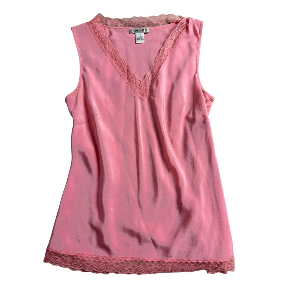 Harolds Pink 100% Silk Lace Trim V-Neck Camisole Sleeveless Blouse XS
